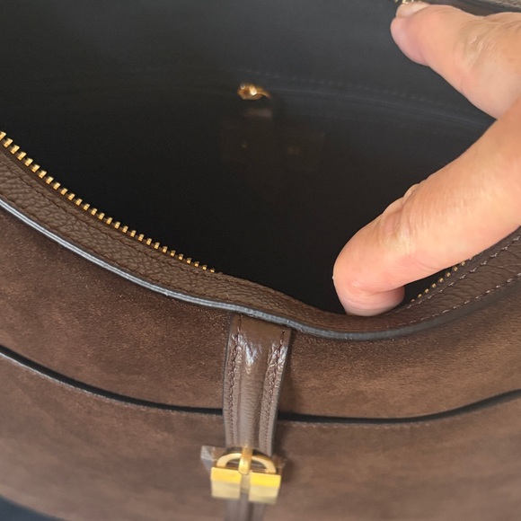 DeMellier Dark Brown Suede Hobo Shoulder Bag with Gold Padlock. Siena Hobo bag. - Picture 13 of 16